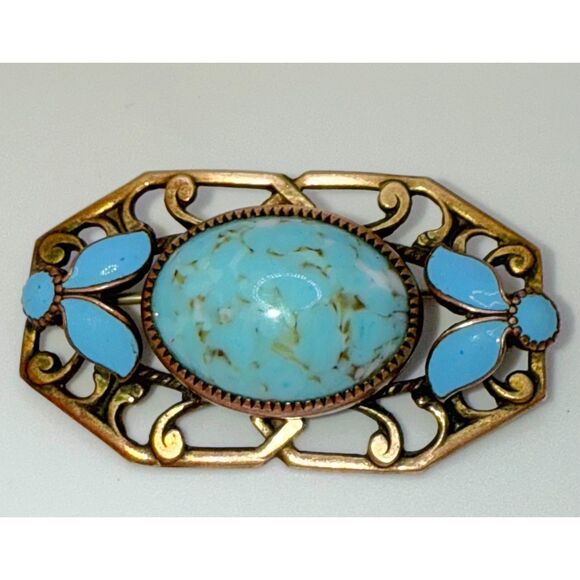 Turquoise brass brooch vintage source unknown - Picture 3 of 13